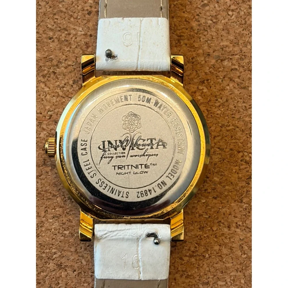 Invicta Wildflower 14892 Womens Gold Tone White Leather Watch Roman Numeral Dial